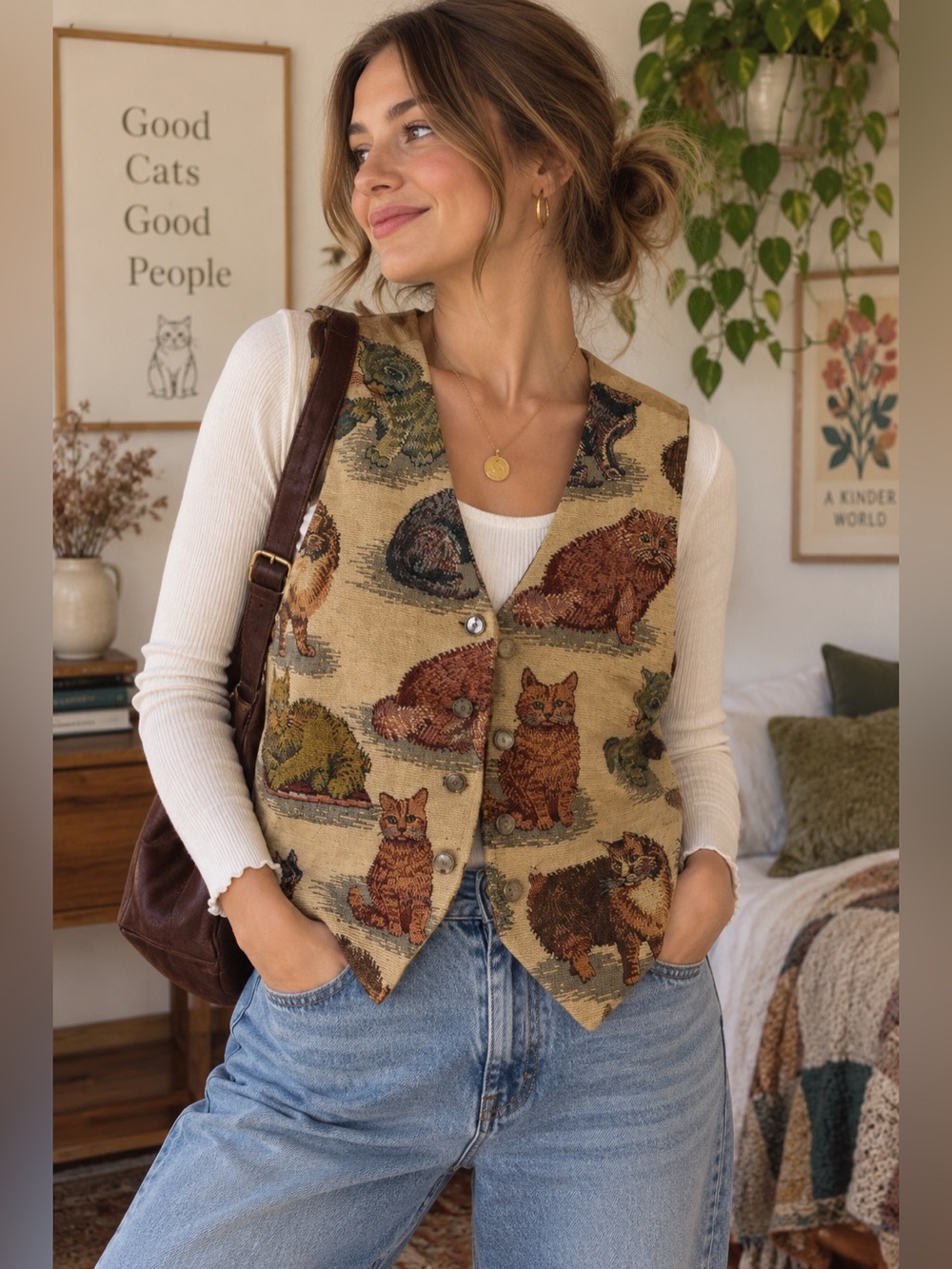 Vintage Mirrors Cat Tapestry Vest Women’s Medium Made in USA Cottagecore